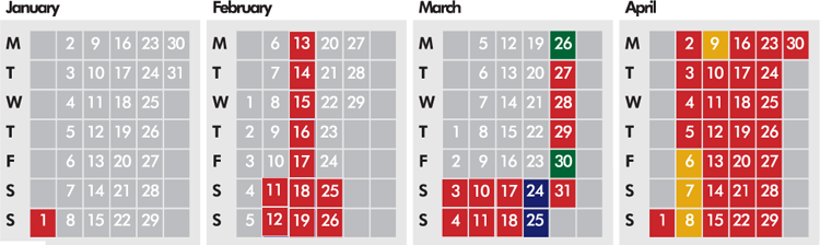 Click on coloured date for Train Timetable
