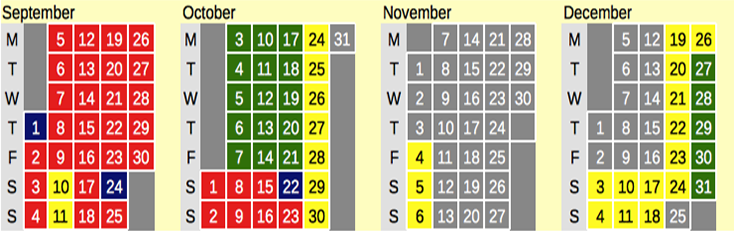 Click on coloured date for Train Timetable