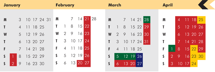 Click on coloured date for Train Timetable