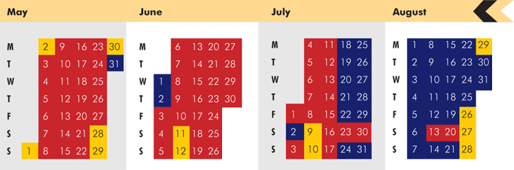 Click on coloured date for Train Timetable