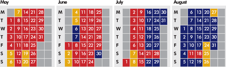Click on coloured date for Train Timetable
