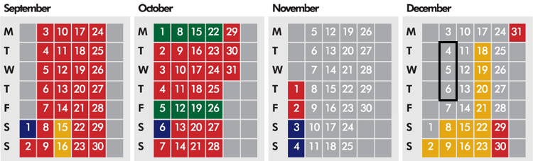 Click on coloured date for Train Timetable