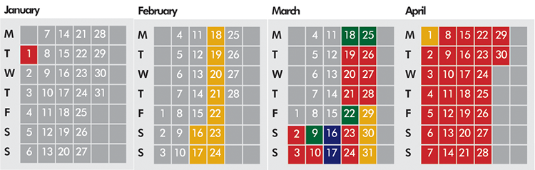 Click on coloured date for Train Timetable