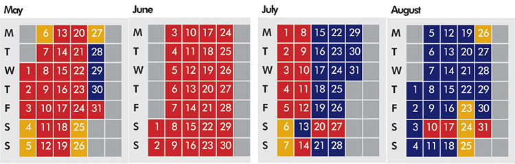 Click on coloured date for Train Timetable