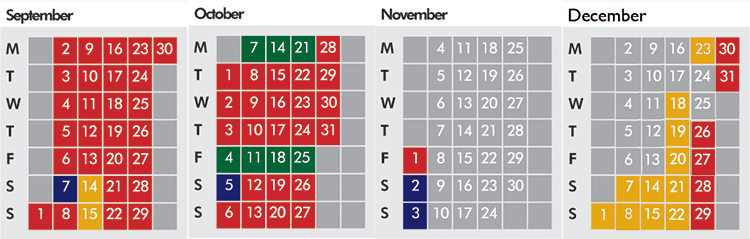 Click on coloured date for Train Timetable