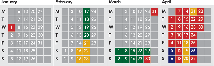 Click on coloured date for Train Timetable