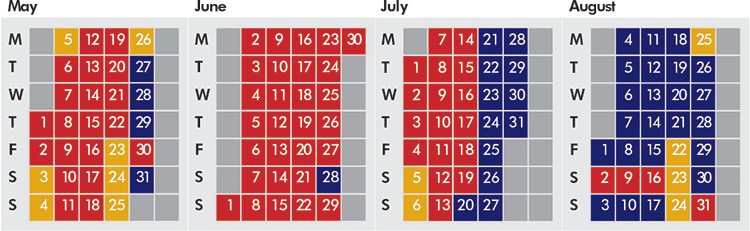 Click on coloured date for Train Timetable