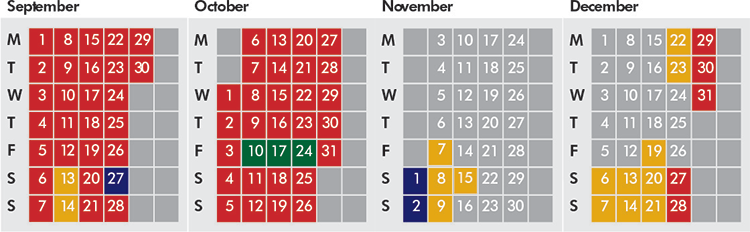 Click on coloured date for Train Timetable