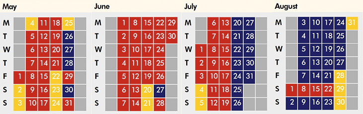 Click on coloured date for Train Timetable