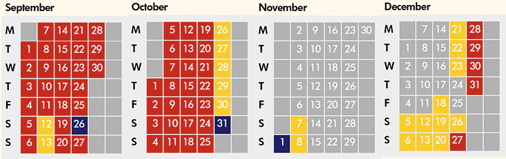 Click on coloured date for Train Timetable