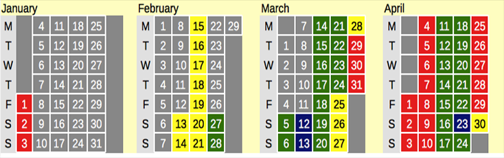 Click on coloured date for Train Timetable