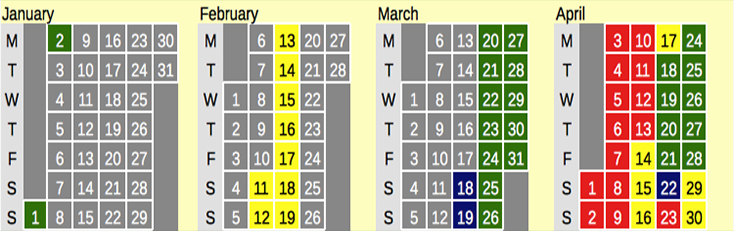 Click on coloured date for Train Timetable