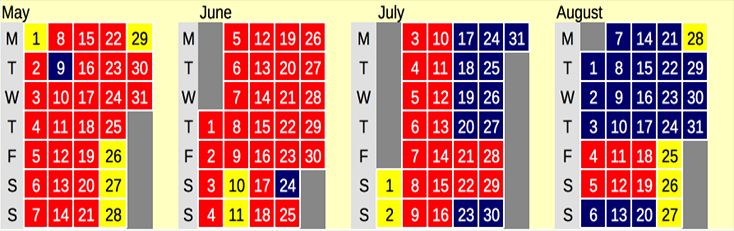 Click on coloured date for Train Timetable