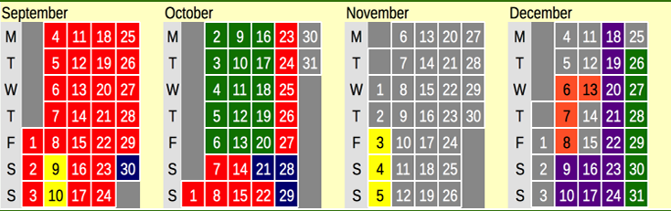 Click on coloured date for Train Timetable