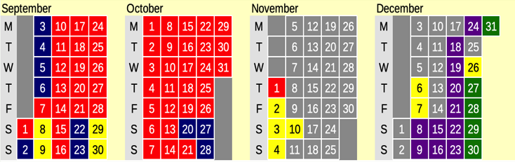 Click on coloured date for Train Timetable