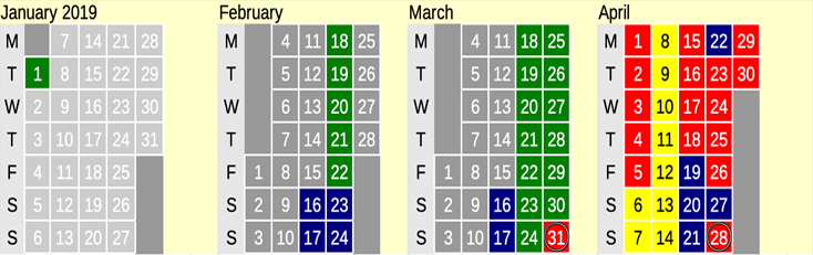 Click on coloured date for Train Timetable