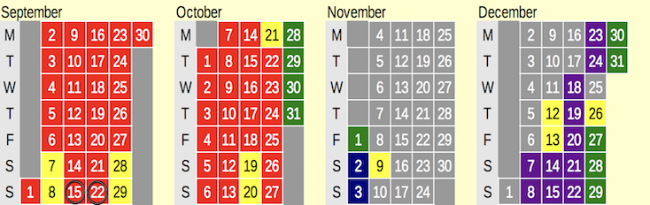 Click on coloured date for Train Timetable