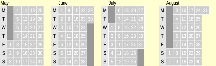 Click on coloured date for Train Timetable