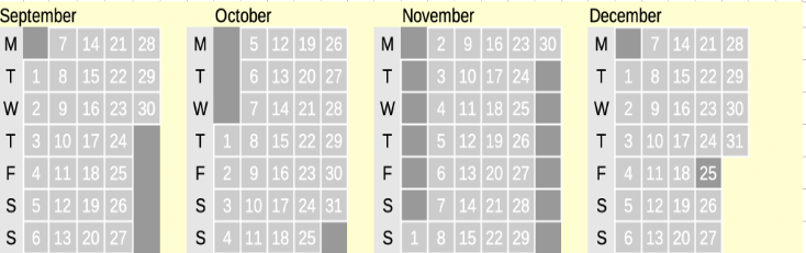 Click on coloured date for Train Timetable