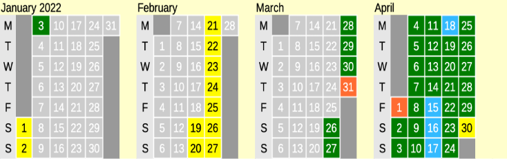 Click on coloured date for Train Timetable