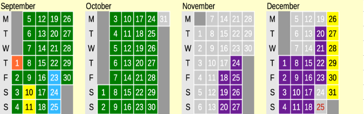 Click on coloured date for Train Timetable