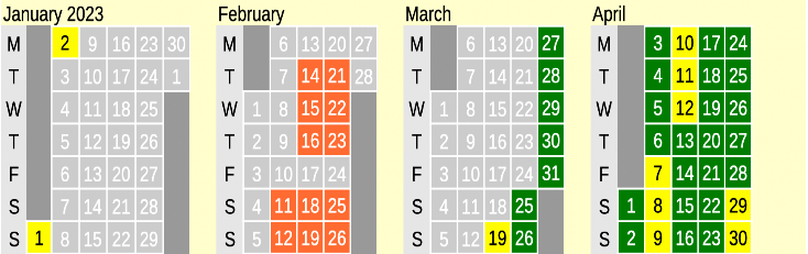 Click on coloured date for Train Timetable