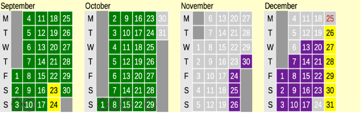 Click on coloured date for Train Timetable