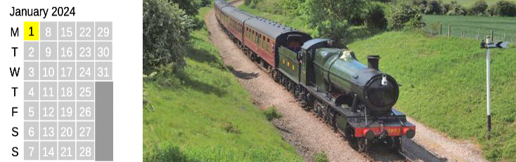 Click on coloured date for Train Timetable