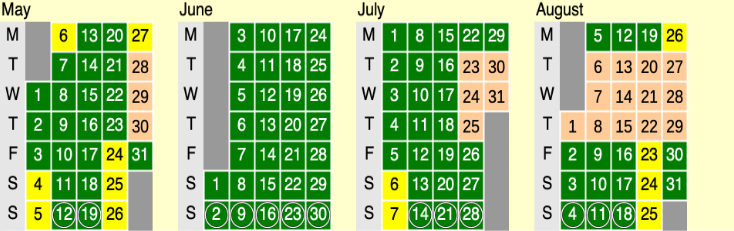 Click on coloured date for Train Timetable