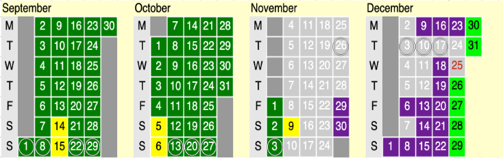 Click on coloured date for Train Timetable