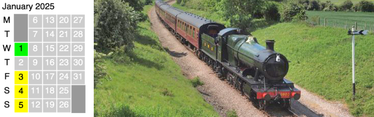 Click on coloured date for Train Timetable