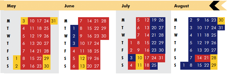 Click on coloured date for Train Timetable