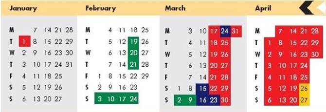 Click on coloured date for Train Timetable