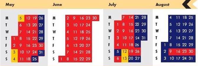 Click on coloured date for Train Timetable