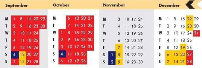 Click on coloured date for Train Timetable