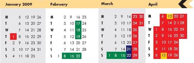 Click on coloured date for Train Timetable